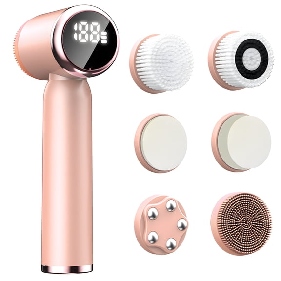 Electric Facial Brush, Pink Silicone Face Device, 6 Replaceable Heads, LED Display, 3 Modes, IPX6 Waterproof, Deep Cleanse, Skin Care Solution