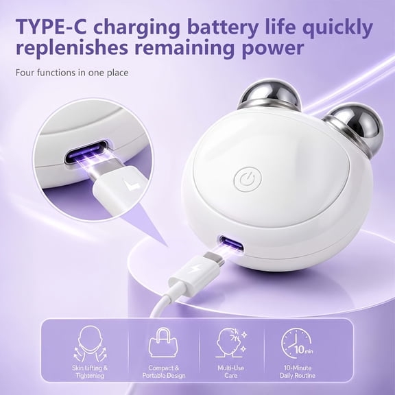 Electric Facial Roller Massager, Red Blue Light Therapy & USB-C Rechargeable, Dual Metal Roller Balls, Skin Tightening Tool for Face, Neck, Eye & Body, Portable Home Travel Beauty Device, White