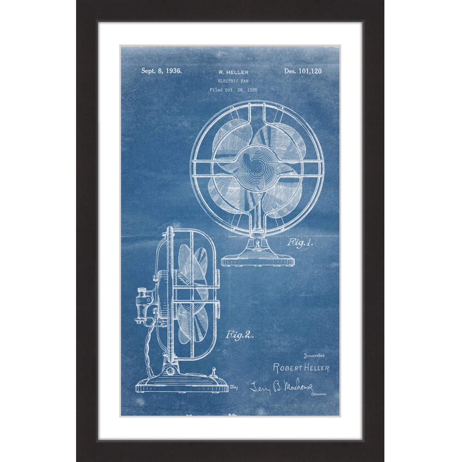 "Electric Fan 1935 Blueprint" Framed Painting Art Print, 16" x 1.5"