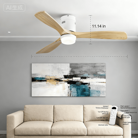 Electric Fans 52 Inch Decorative Ceiling Fan With 6 Speed Remote White 3 Solid Wood Blades Reversible DC Motor For Living Room,Ceiling Fans
