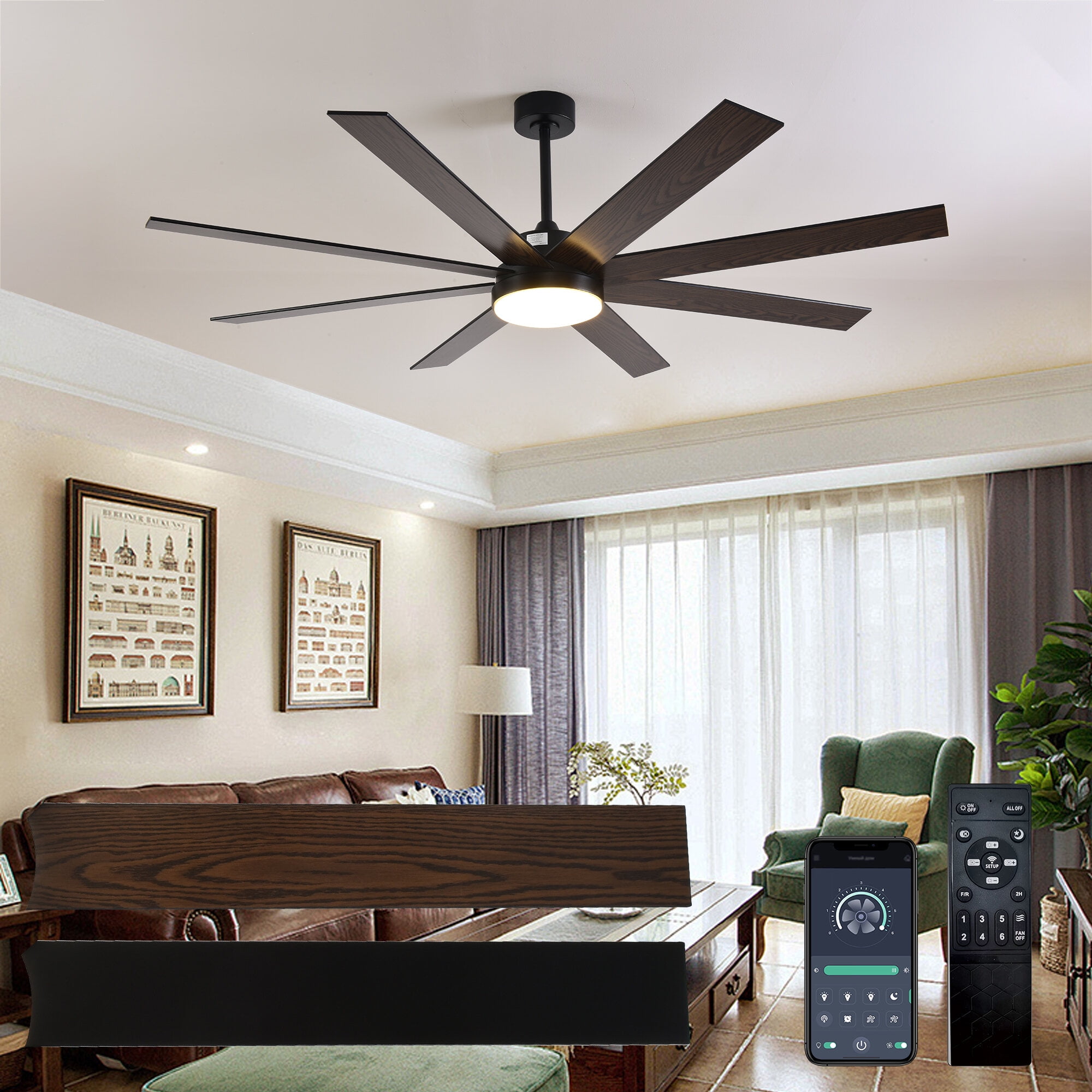 Electric Fans 72" Ceiling Fan with Light, 6-Speed Remote Control, Reversible DC Motor, Modern 8 Blades with 6"/12"/19.5" Downrods for Home or Commercial Black/Walnut,Ceiling Fans