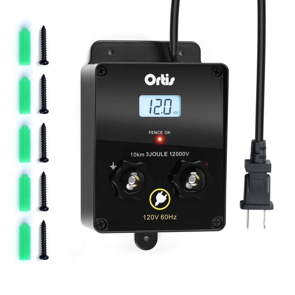 Ortis 12,000V 3 Joules Electric Fence Energizer with LCD Display, 6.2 mile Range, for Livestock, Garden & Pasture