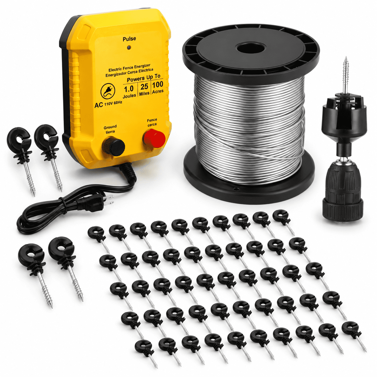 Electric Fence Kit 1j 25 Mile 250ft Wire 50ulators - Walmart.com