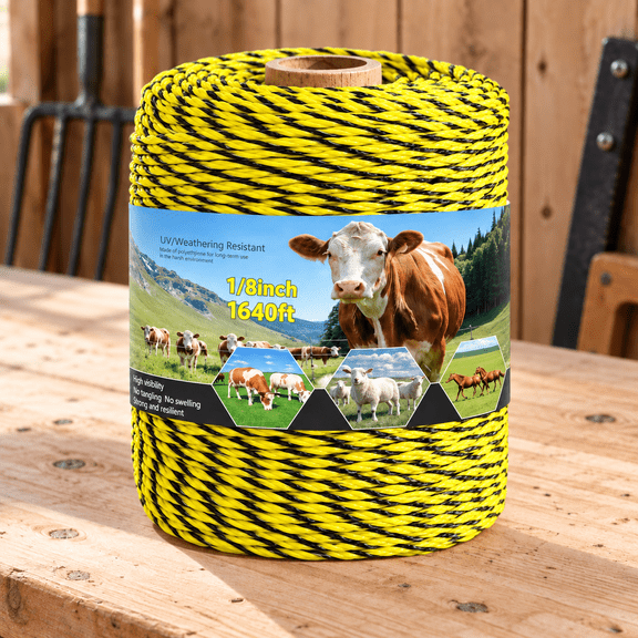 Electric Fence Poly Wire Rope Line, 1640 Feet (500 Meters), 1/8-Inch Diameter, Rust-Resistant Electric Fencing Wire, Yellow and Black