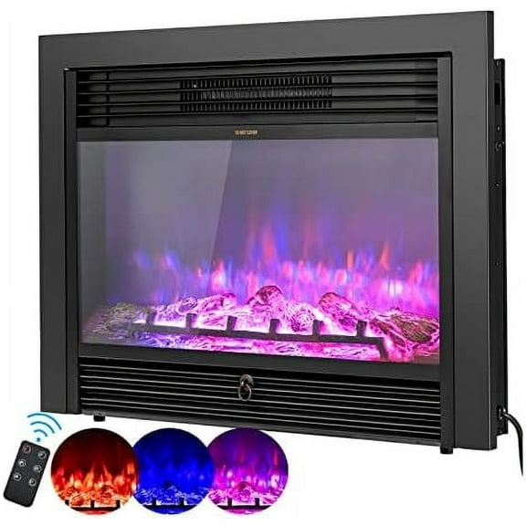 Electric Fireplace, 28.5'' Recessed Fireplace Heater with 3 Colors Adjustable LED Flame,Timer,Thermostat,Hidden Control Panel,Remote Control,750W/1500W Wall Mounted, Black, (EP100)
