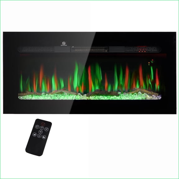 Electric Fireplace 36 Recessed/Wall Mounted with Remote, 1500W, Flame/Log & Crystal | Black Steel
