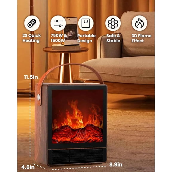 Electric Fireplace  with 3D Realistic Flame, 1500W/750W Adjustable Space , Double Safety Protection, Walnut Wood Finish Portable Indoor Fireplace for Home & Office Christmas Decoration