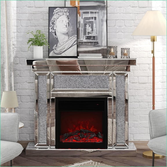 Electric Fireplace, 47 Inch Mirror Finish with Resin Diamonds, 3D Flame | Freestanding | Brushed Silver