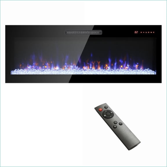 Electric Fireplace 60 Inch Ultra Thin Recessed/Wall Mounted with Multi-Color Flame & Remote | Tempered Glass+Sheet Metal+Plastic | Vent Free