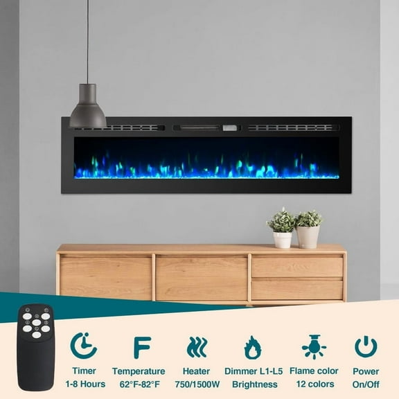 Electric Fireplace,60-Inch Wall-Mounted & Recessed Electric Fireplace Insert – 12 Flame Colors, Faux Log & Crystal Ember, 1500W Heater, Remote Control