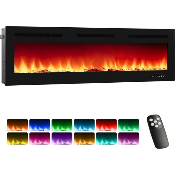 Electric Fireplace,72-Inch Recessed & Wall-Mounted Electric Fireplace – Ultra-Thin 3" Linear Heater with 12-Color 3D Flame, Remote Control, Timer, and Log & Crystal Media Bed