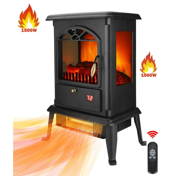 Electric Fireplace Heater, 1500W Space Heater with Remote Control, Logs Insert Fireplace Heater w/3D Flame, Freestanding Indoor Fireplace for Room