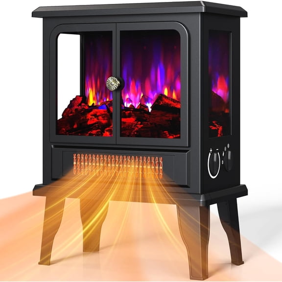 Electric Fireplace Heater 18'', 3D Realistic Flame, Thermostat Control, 2 Heating Mode 750/1500W, Safety Protection, Freestanding Portable Fire Places Stove for Home Indoor, Small Space