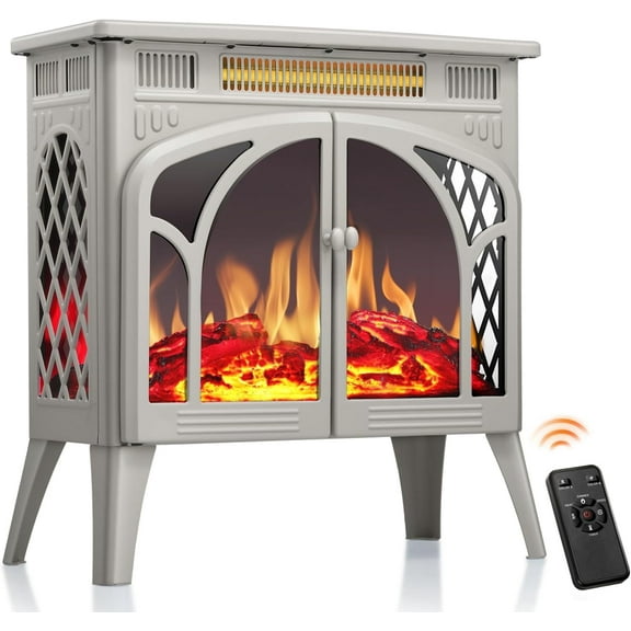 Electric Fireplace Heater 25" with Remote Control,Fireplace Stove Decor with Different Flame Effects and Log Set for Indoor,5 Adjustable Brightness and Heating Mode,Overheating Safe Design - Beige