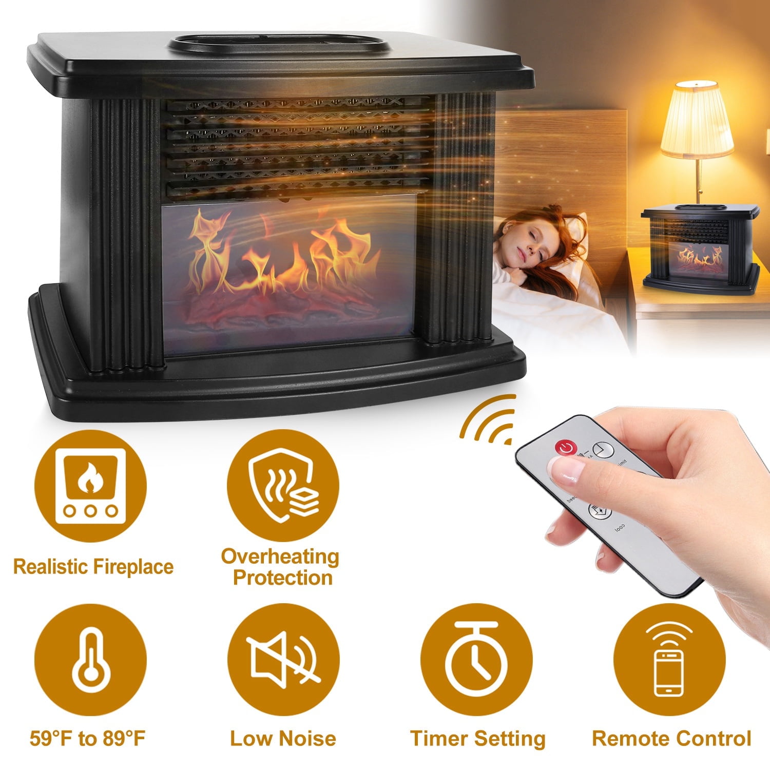 Electric Fireplace Heater 800W Artificial Flame Stove Heater with Accurate Digital Thermostat Timer Setting Remote Control Overheating Protection for Office Bedroom