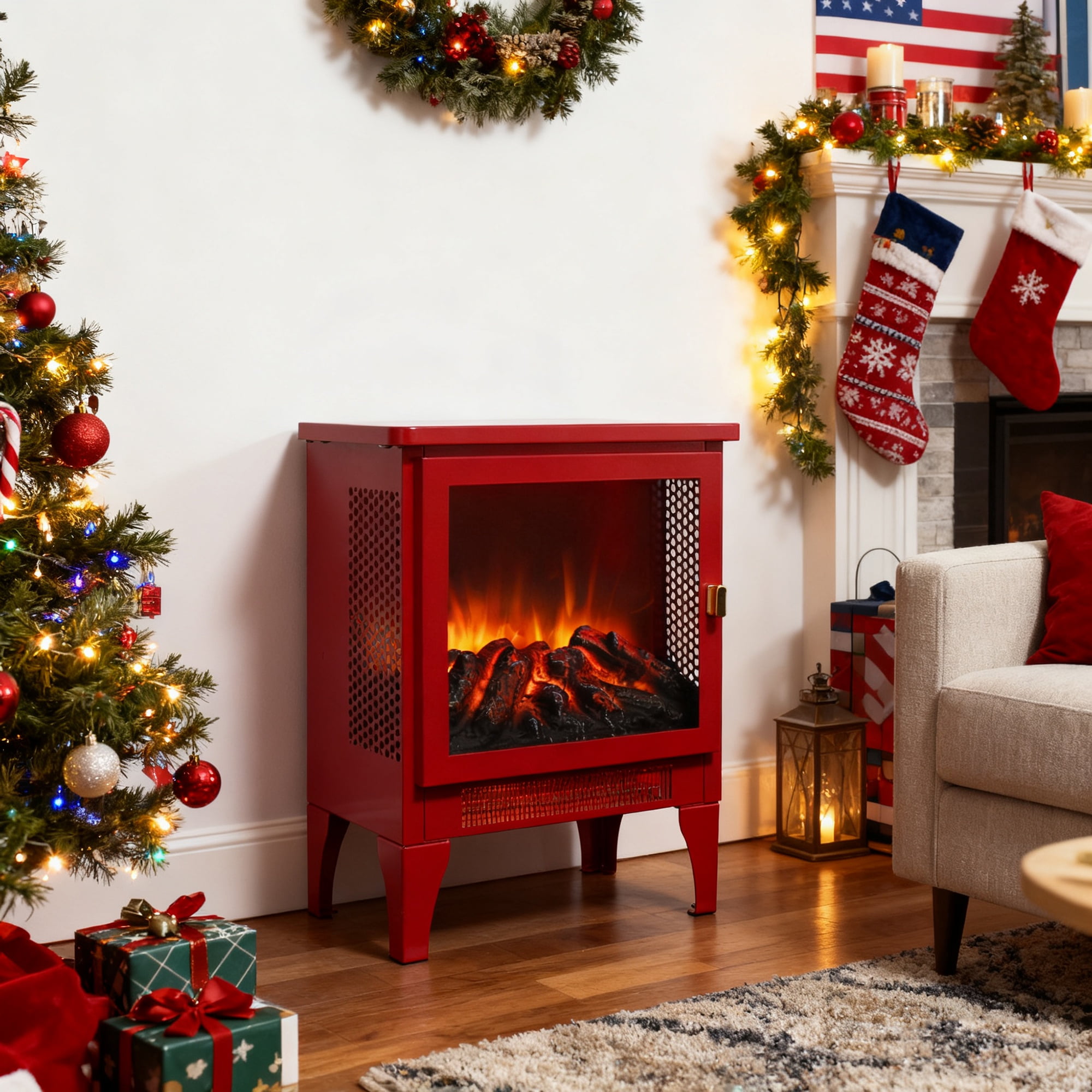 Electric Fireplace Heater, Legahome 16'' Freestanding Fireplace Heater Stove, 3D Realistic Flame Effects, Adjustable Brightness and Heating Mode, Overheat Protection, CSA Certified, Red