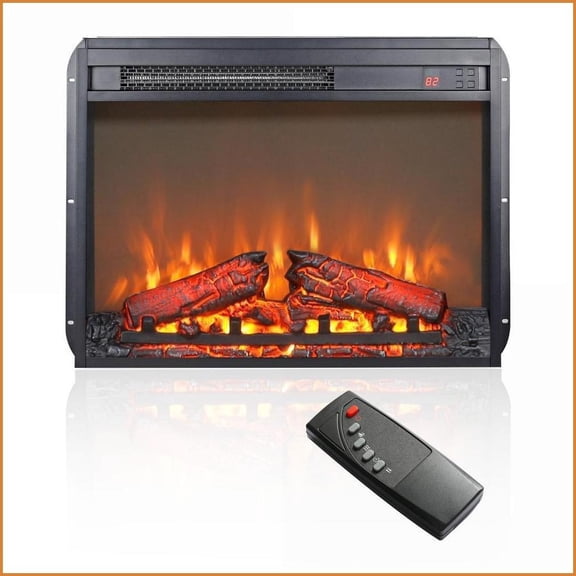 Electric Fireplace Insert, 23-Inch Ultra Thin Heater with Realistic Flame & Log Set, Remote, Timer | Tempered Glass+Sheet Metal+Plastic | Antique Black