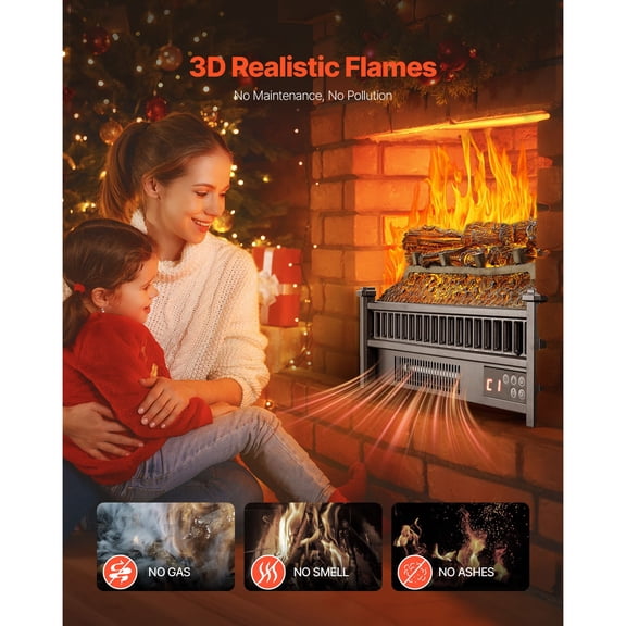 Electric Fireplace Log,20"Fireplace Insert Log Heater,with Remote Controller,5 Adjustable Flame Brightness,24H Timer,Overheat Protection,Thermostat,for Home&Office Decor Black