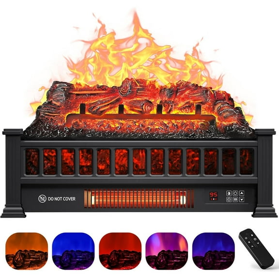Electric Fireplace Logs Inserts Heater 20-Inch, Remote Controller Fireplace Heater, Adjustable Flame Colors, Realistic Fake firewood Flame, Overheat Protection, Timer, Thermostat, 1500W Black