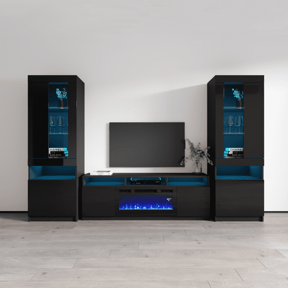 Electric Fireplace Modern Wall Unit Entertainment Center - Black