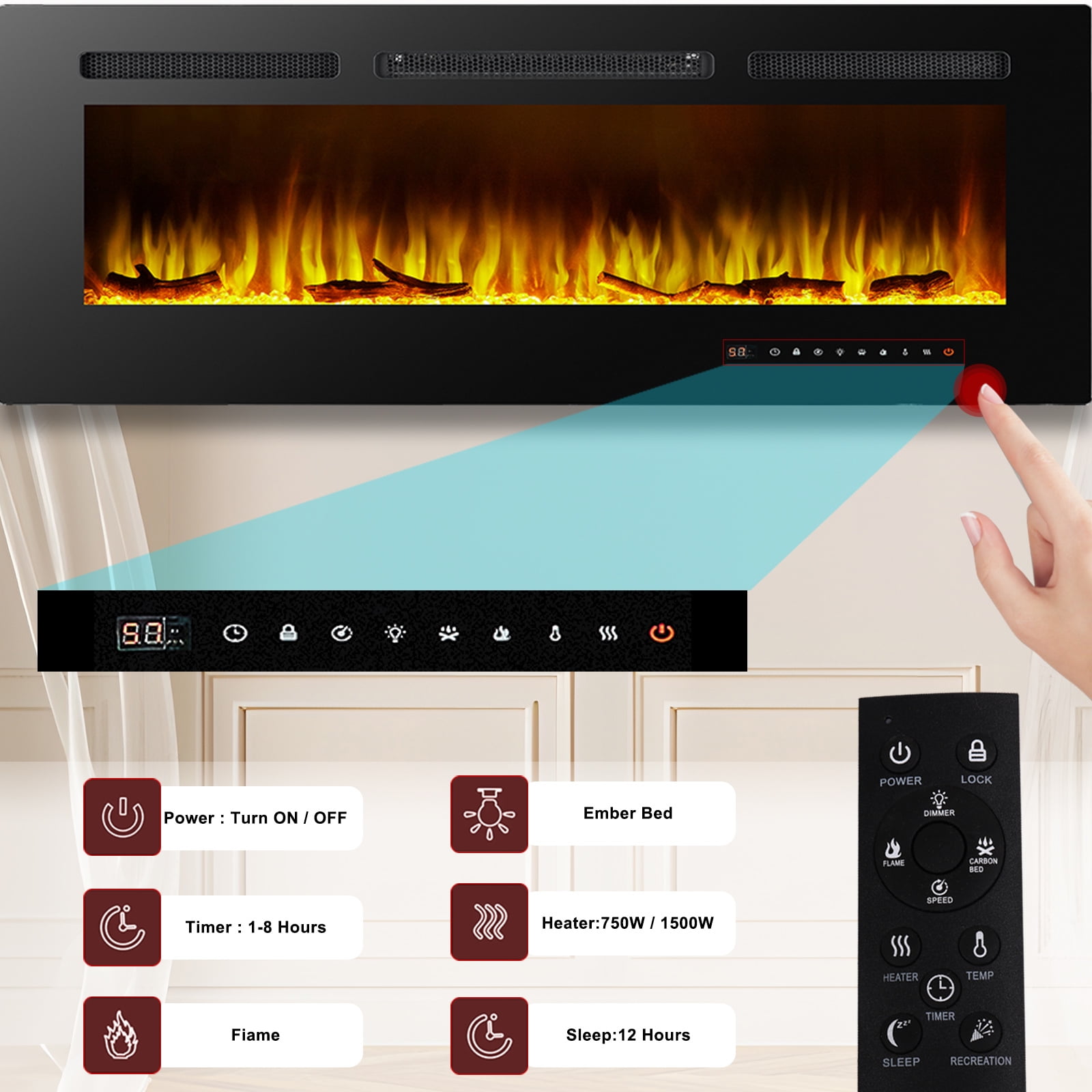 Electric Fireplace Recessed and Wall Mounted 50 Inch, Fireplace Heater