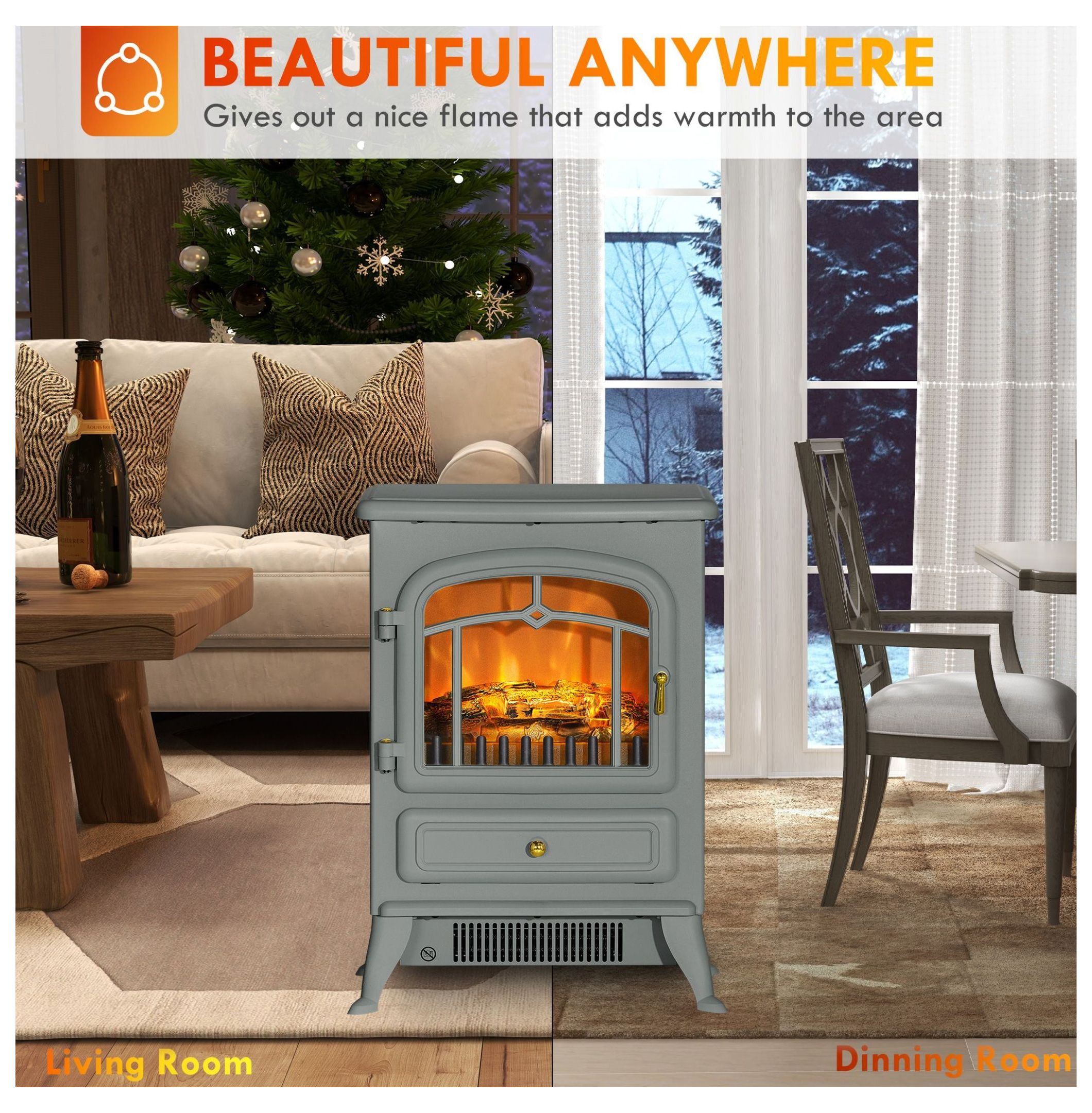Electric Fireplace Stove, 1500W Freestanding Heater with 3D Realistic