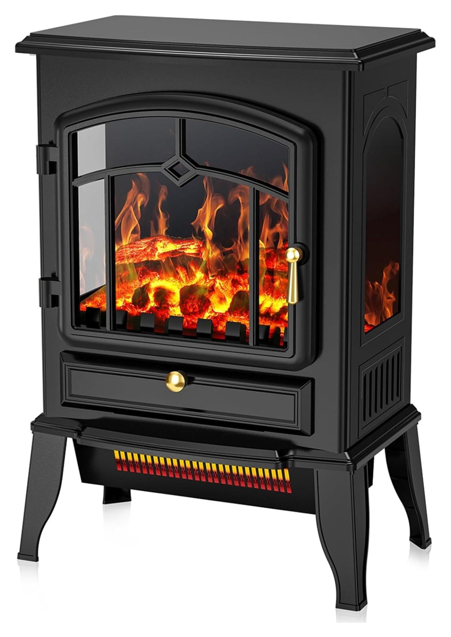 Electric Fireplace Stove, Freestanding Fireplace Heater with Realistic Flame, 1000/1500W Fireplace Heater, Overheating Safety Device, Thermostat, Adjustable Flame Brightness