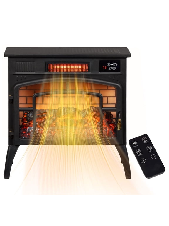 Electric Fireplace Stove, Infrared Heater with 3D Flame, 1500W, Black, 1000 sq ft Coverage, Adjustable Thermostat, Remote Control