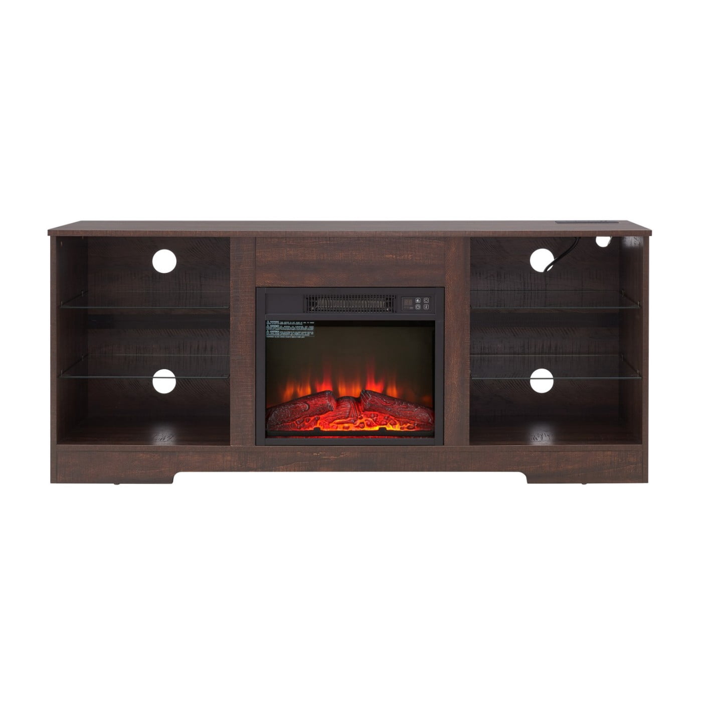 Electric Fireplace TV Stand for 65 Inch TV, 58" Modern Entertainment Center with LED Lights & Glass Shelves, 3D Flame Media Console with Storage Cabinet USB Charging Outlet, Espresso