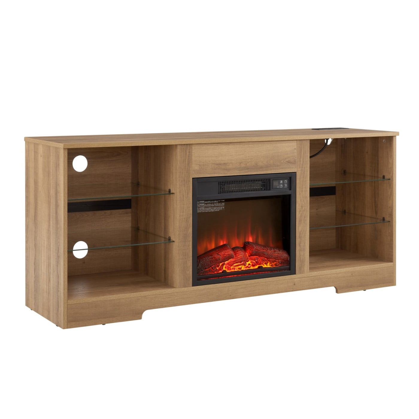Electric Fireplace TV Stand for 65 Inch TV, 58" Modern Entertainment Center with LED Lights & Glass Shelves, 3D Flame Media Console with Storage Cabinet USB Charging Outlet, Oak