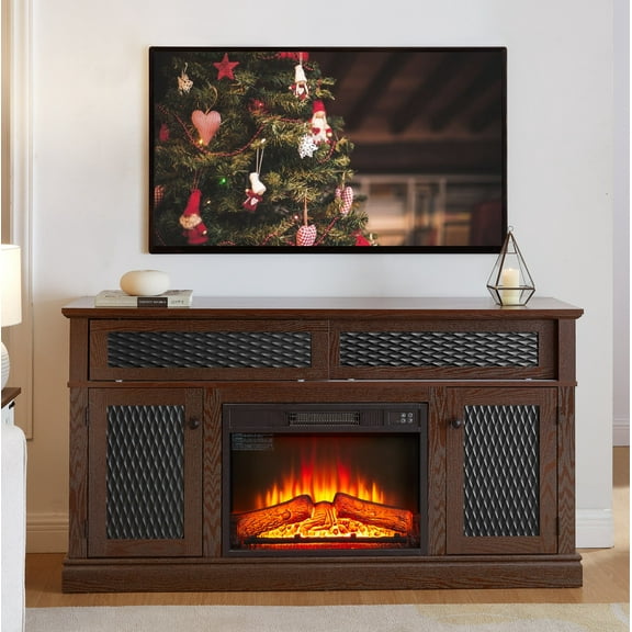 Electric Fireplace TV Stand for 65 Inch TV, Farmhouse Entertainment Center with 23" Fireplace Insert and Adjustable LED Flame, Media Console Table with Storage for Living Room, Cherry
