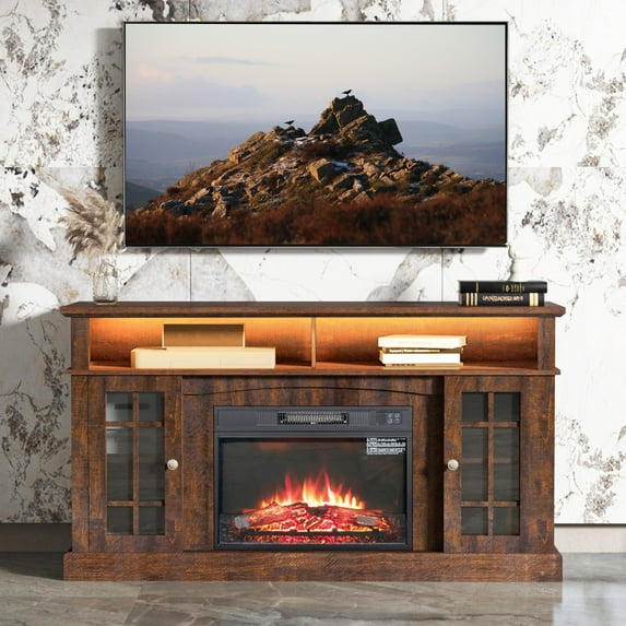 Electric Fireplace TV Stand for 65" TV, Farmhouse TV Stand for Living Room with Adjustable Shelves and Glass Doors, Media Console with Wireless Remote Control Virtual Flame Fireplace, Brown