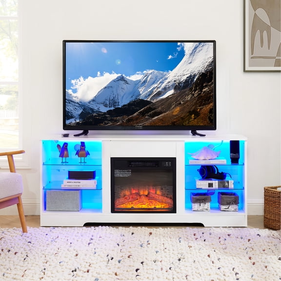 Electric Fireplace TV Stand, 7 Colors & Automatic Color Switching | Multifunctional Decoration, Convenient Charging