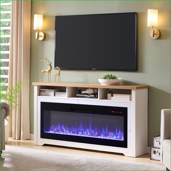 Electric Fireplace TV Stand 70 for 70 TVs with 60 Smart Fireplace | Cream White | Tempered Glass+Stainless Steel+ MDF