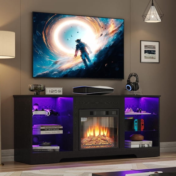 Electric Fireplace TV Stand with LED Lights and Charging Outlets, Black TV Console for TVs Up to 65", Modern Entertainment Center, TV Stand for Bedroom