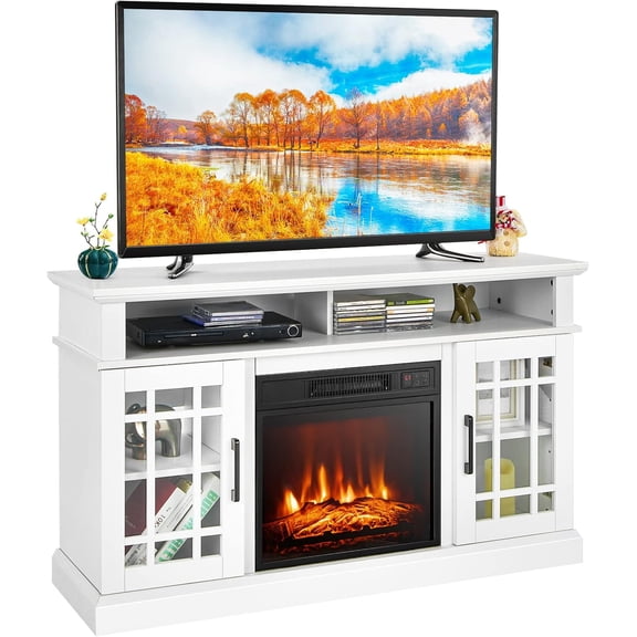 Electric Fireplace TV Stand for TVs Up to 50 Inch, Fireplace Entertainment Center with Two Side Cabinets & Adjustable Shelves, Electric Heater with Overheat Protection, Remote ControlFireplace