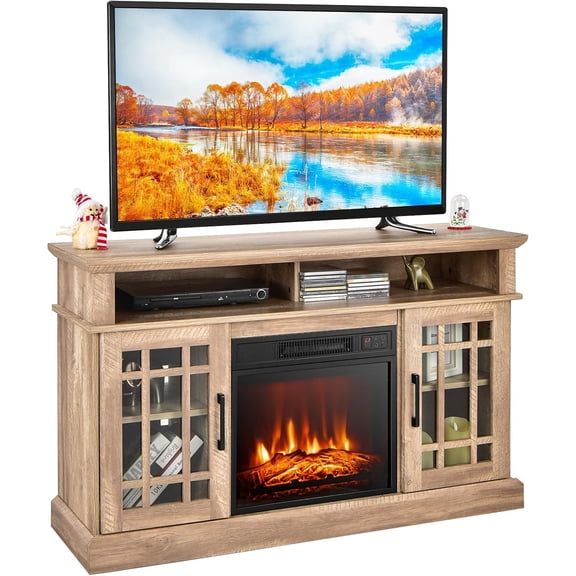 Electric Fireplace TV Stand for TVs Up to 55 Inch, Fireplace Entertainment Center with Two Side Cabinets & Adjustable Shelves, Electric Heater with Overheat Protection, Remote ControlFireplace