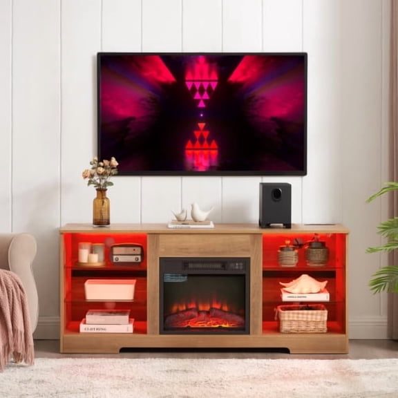 Electric Fireplace TV Stand for TVs up to 62", Modern Entertainment Center with 3D LED Flame, Glass Shelves and USB Charging Outlets, Media Console for Living Room, Oak