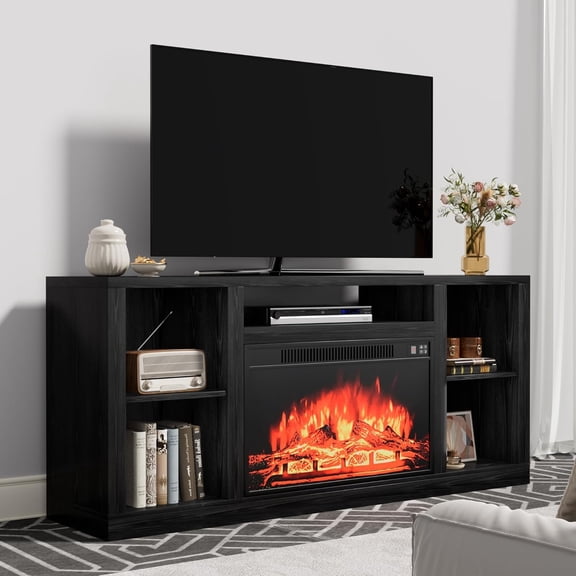 Electric Fireplace TV Stand for Televisions up to 65+ Inch, Media Entertainment Center Console Table with Four Open Storage Shelves & Cabinets, 58 Inch, Dark Black