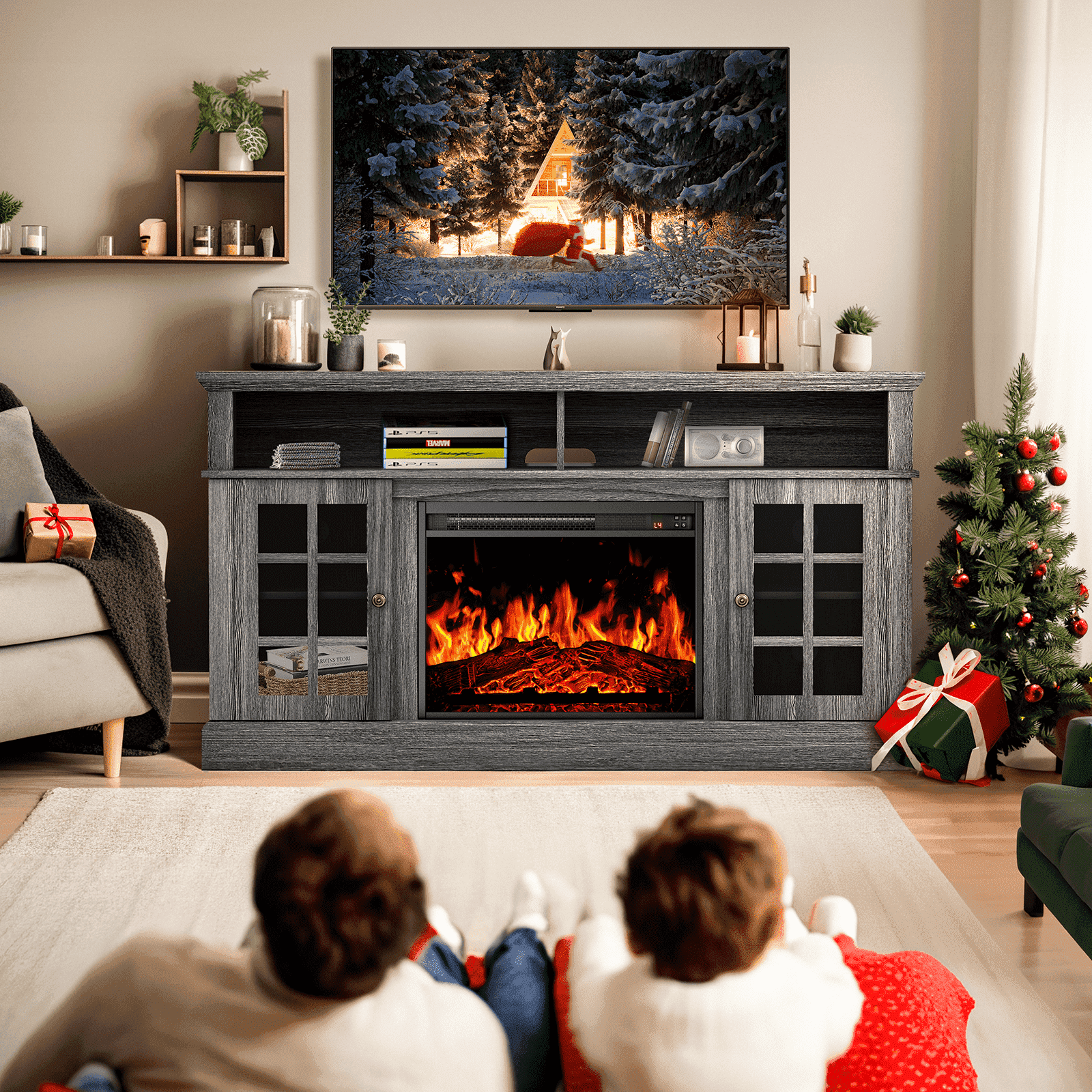 Electric Fireplace TV Stand for 75″ TVs Fireplace Entertainment Center TV Console Table with 23″ Fireplace, Holds up to 200 lbs