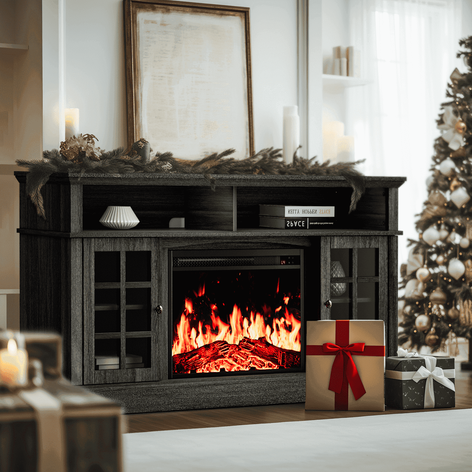 Electric Fireplace TV Stand for 75″ TVs Fireplace Entertainment Center TV Console Table with 23″ Fireplace, Holds up to 200 lbs