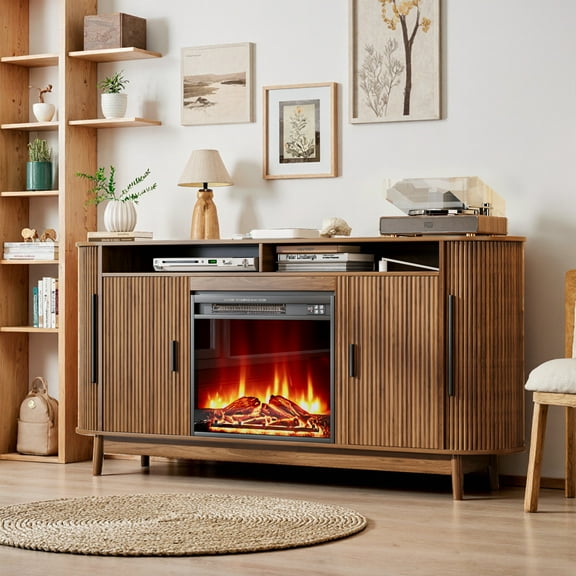 Electric Fireplace TV Stand for 75" TVs, Modern Entertainment Center with Sliding Doors & Shelves for Living Room