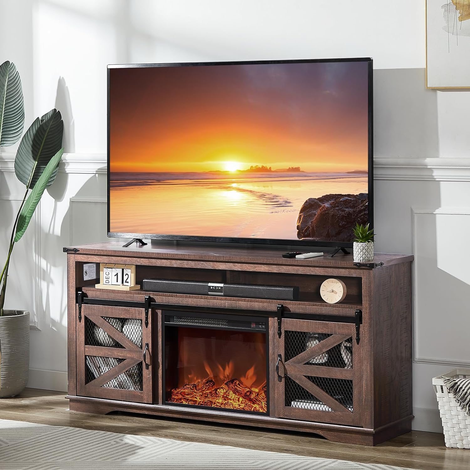 Electric Fireplace TV Stand for 75inch TV, Farmhouse Entertainment