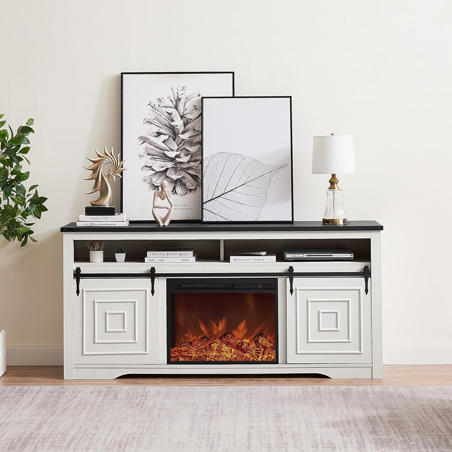 Electric Fireplace TV Stand for 75inch TV, Farmhouse Entertainment