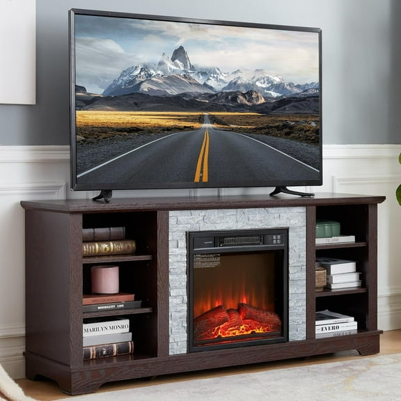 CKEASEAN 58" Modern TV Stand with Realistic Stacked Stone Surround, Entertainment Center with Storage Space, Wooden TV Console Table for TVs Up to 65", Rack for Living Room