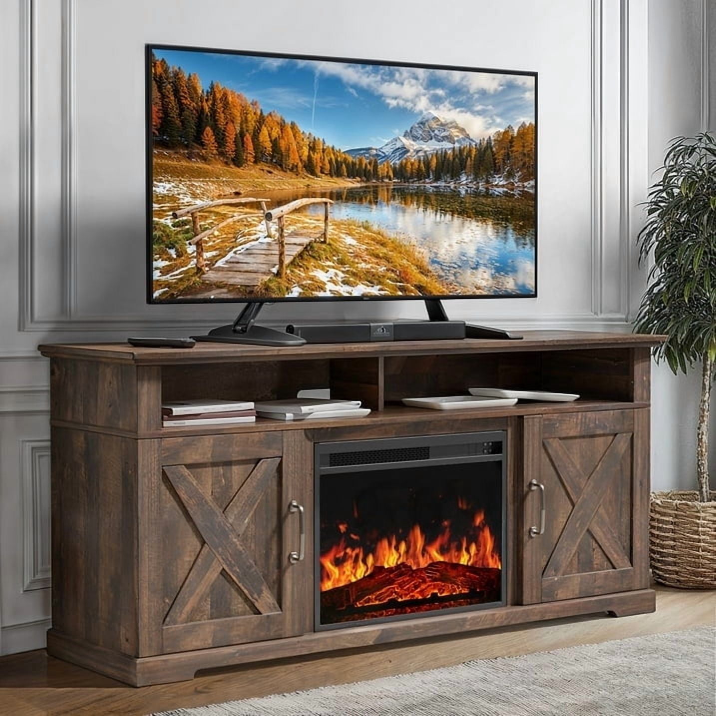 Electric Fireplace TV Stand for TVs up to 65 Farmhouse Entertainment Center with Fireplace Vintage Brown