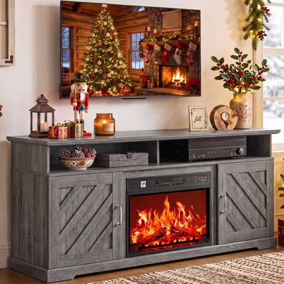 CHITOOMA Electric Fireplace TV Stand for 65 70 75 inch TV with Remote Control, Farmhouse Entertainment Center with 23″ Fireplace for Living Room, Bedroom,Gray