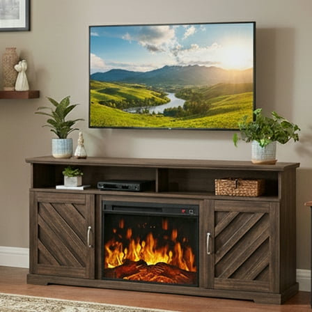 CHITOOMA Electric Fireplace TV Stand for 65 70 75 inch TV with Remote Control, Farmhouse Entertainment Center with 23″ Fireplace for Living Room, Bedroom,Vintage Brown