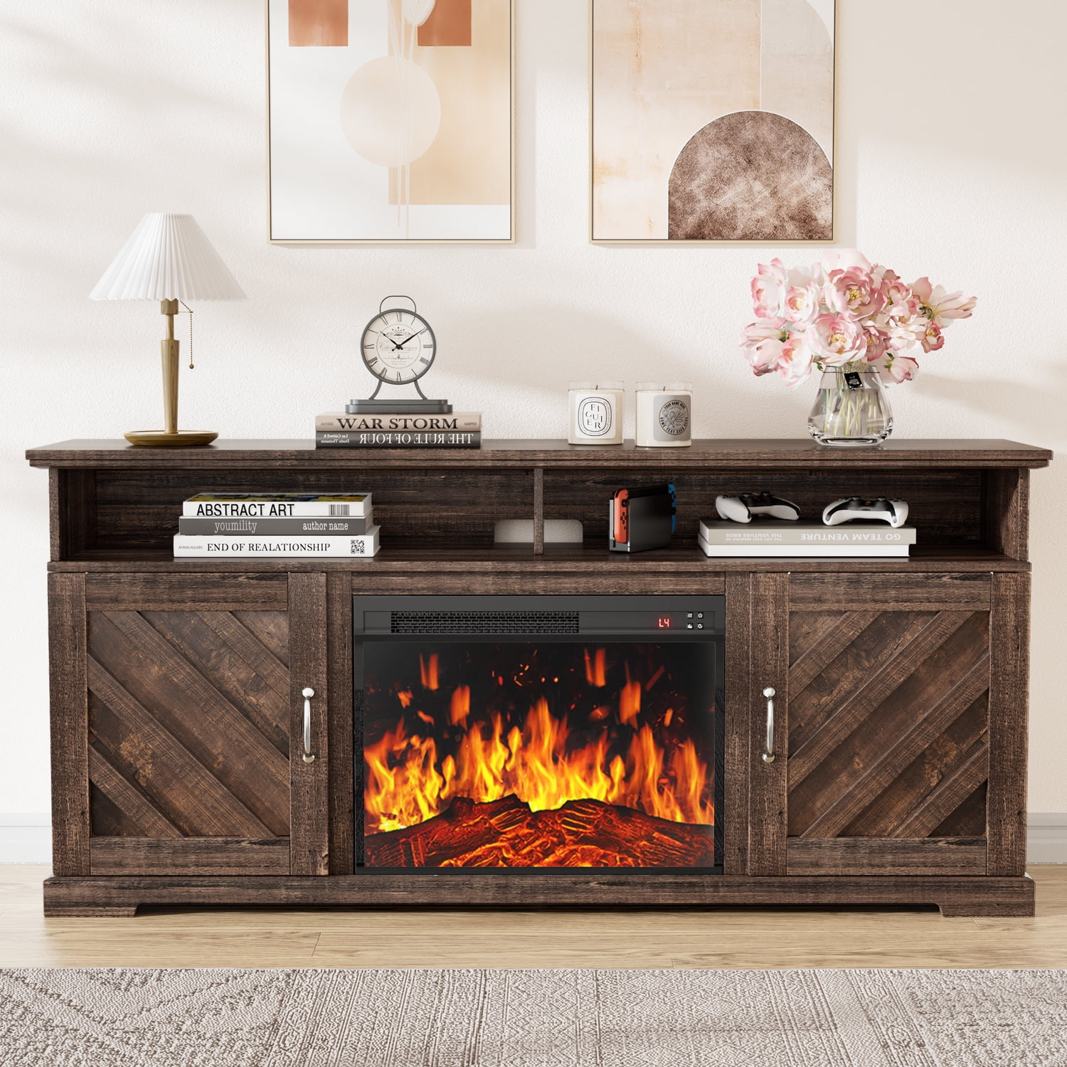 CHITOOMA Electric Fireplace TV Stand for 65 70 75 inch TV with Remote Control, Farmhouse Entertainment Center with 23″ Fireplace for Living Room, Bedroom,Vintage Brown