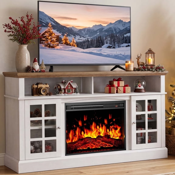 Electric Fireplace TV Stand up to 75" TVs, Farmhouse Entertainment Center wiht 23" Fireplace for Living Room, White
